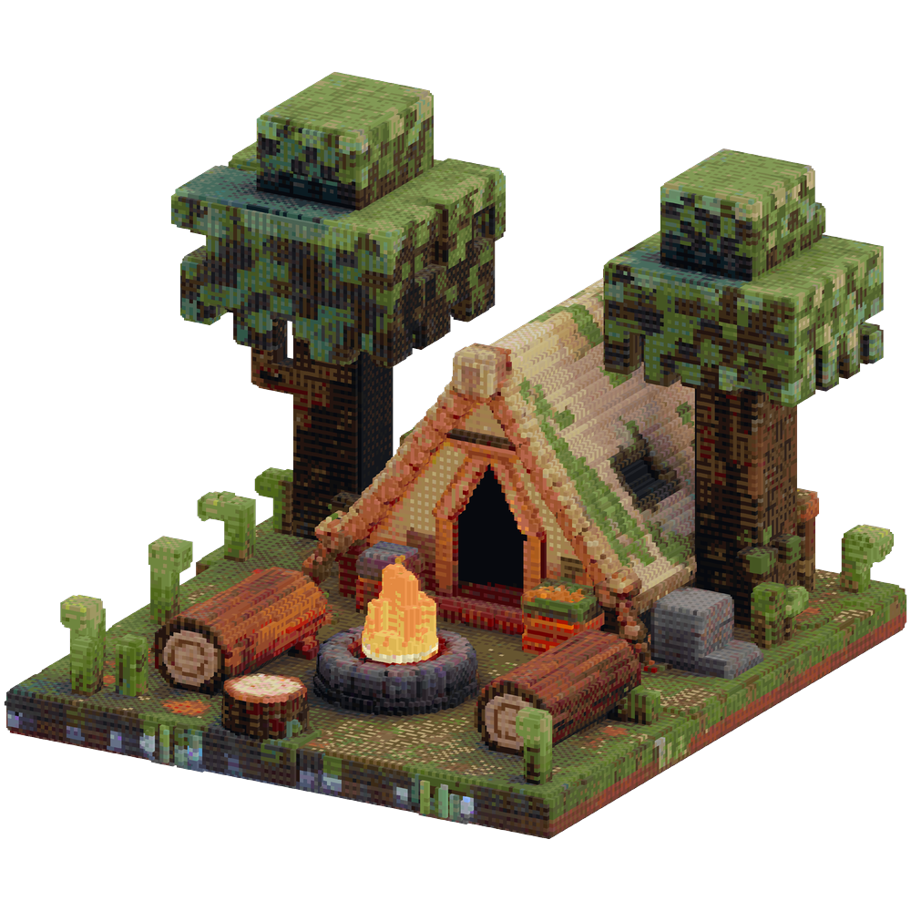 Hidden forest camp, firepit with lo... | Minecraft Build - BlockGPT