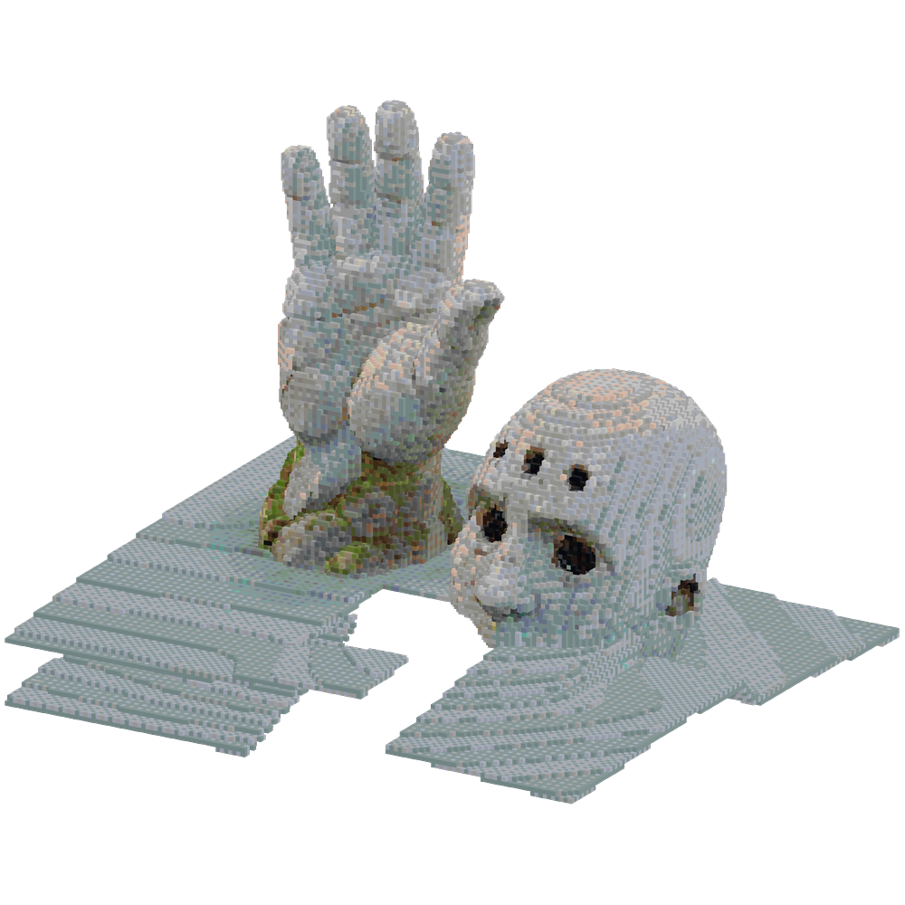 A giant stone hand rising out of th... | Minecraft Build - BlockGPT
