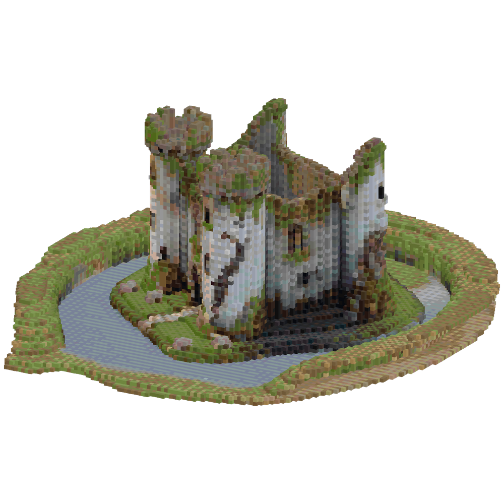 ruined castle surrounded by moat | Minecraft Build - BlockGPT