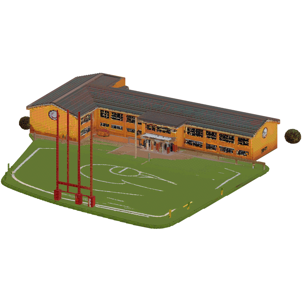 a school with a rugby field and ful... | Minecraft Build - BlockGPT